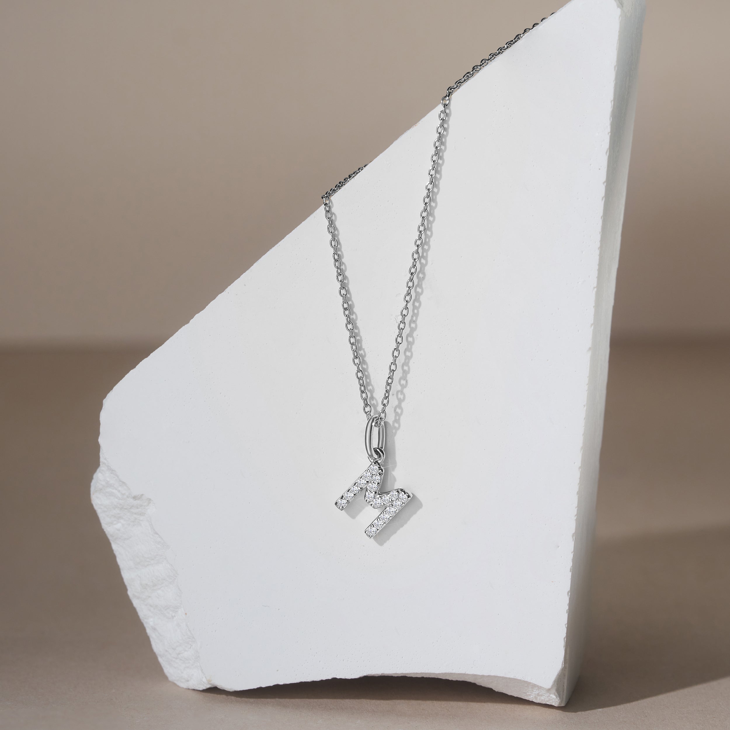 Love Letter Initial M Lab Diamond Necklace set in 925 Sterling Silver